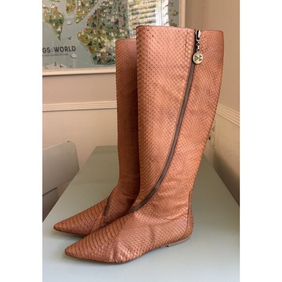 Dani Black Textured Snakeskin Python Zipper Brown Leather Tall Boots Sz 7.5 M - Picture 3 of 11